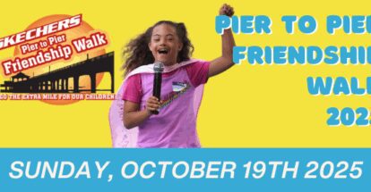 Excited girl holding microphone with colorful event text on a vibrant background.
