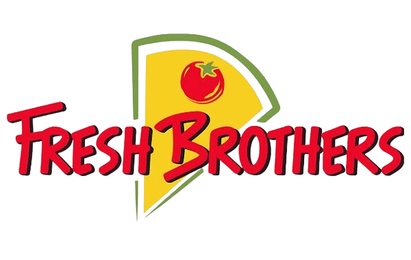 Logo of Fresh Brothers featuring a pizza slice and a tomato.