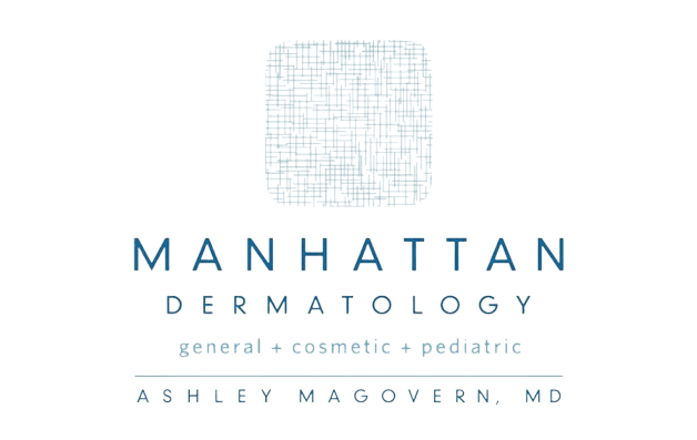 Logo of Manhattan Dermatology with a textured blue square.