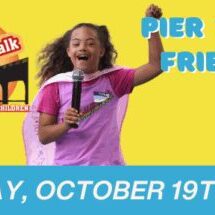 Excited girl holding microphone with colorful event text on a vibrant background.