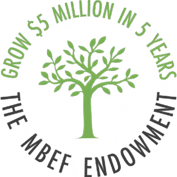 Logo of The MBEF Endowment featuring a green tree and text about a $5 million grant in 5 years.